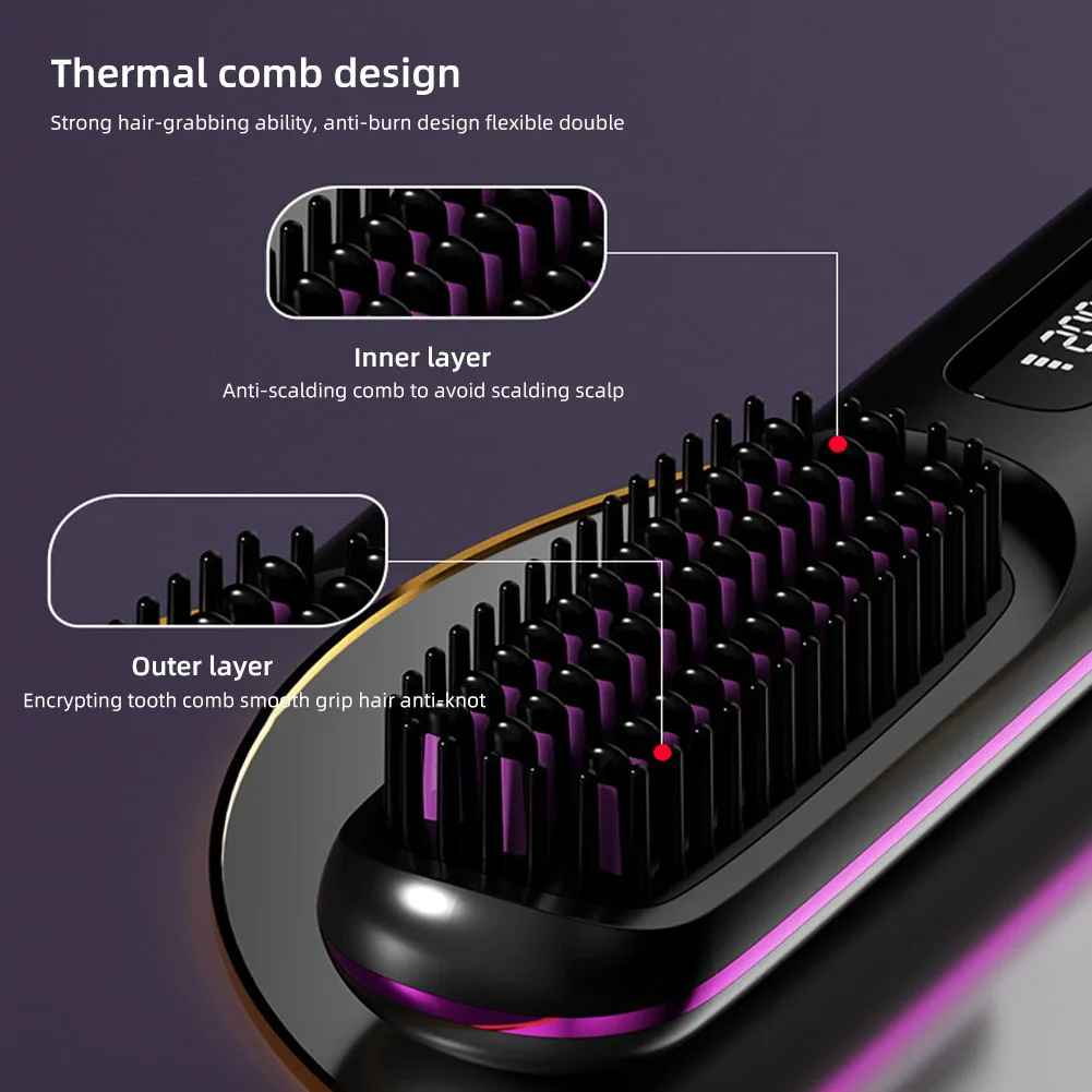 Wireless LCD Rechargeable Ceramic Heating Straight Hair Comb