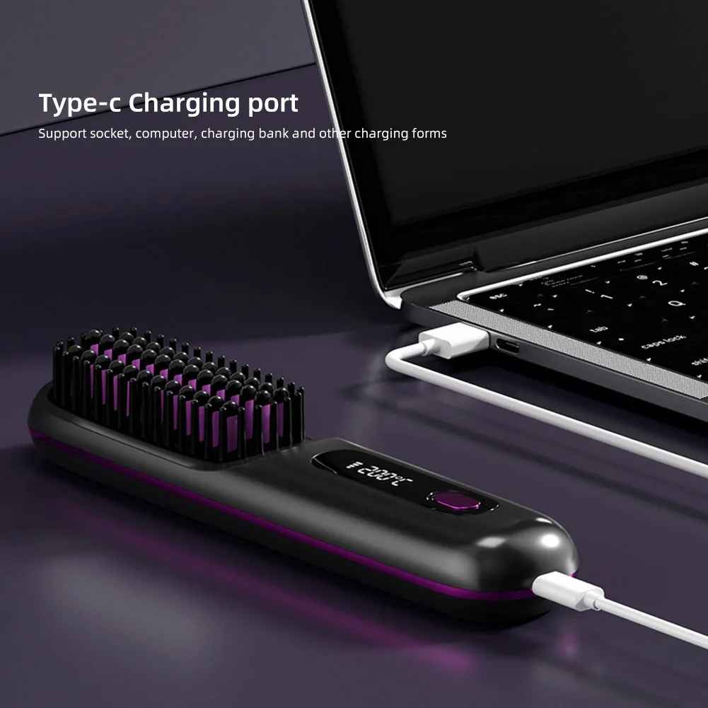 Wireless LCD Rechargeable Ceramic Heating Straight Hair Comb