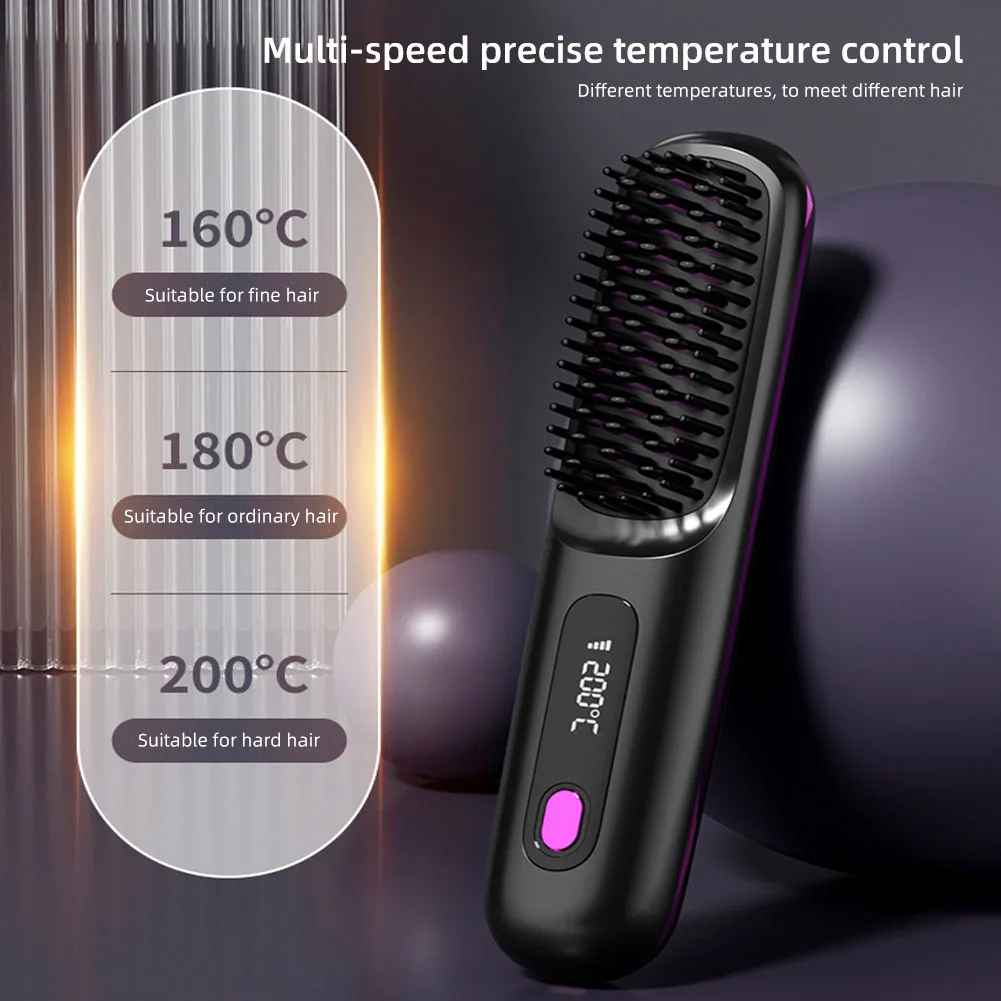 Wireless LCD Rechargeable Ceramic Heating Straight Hair Comb