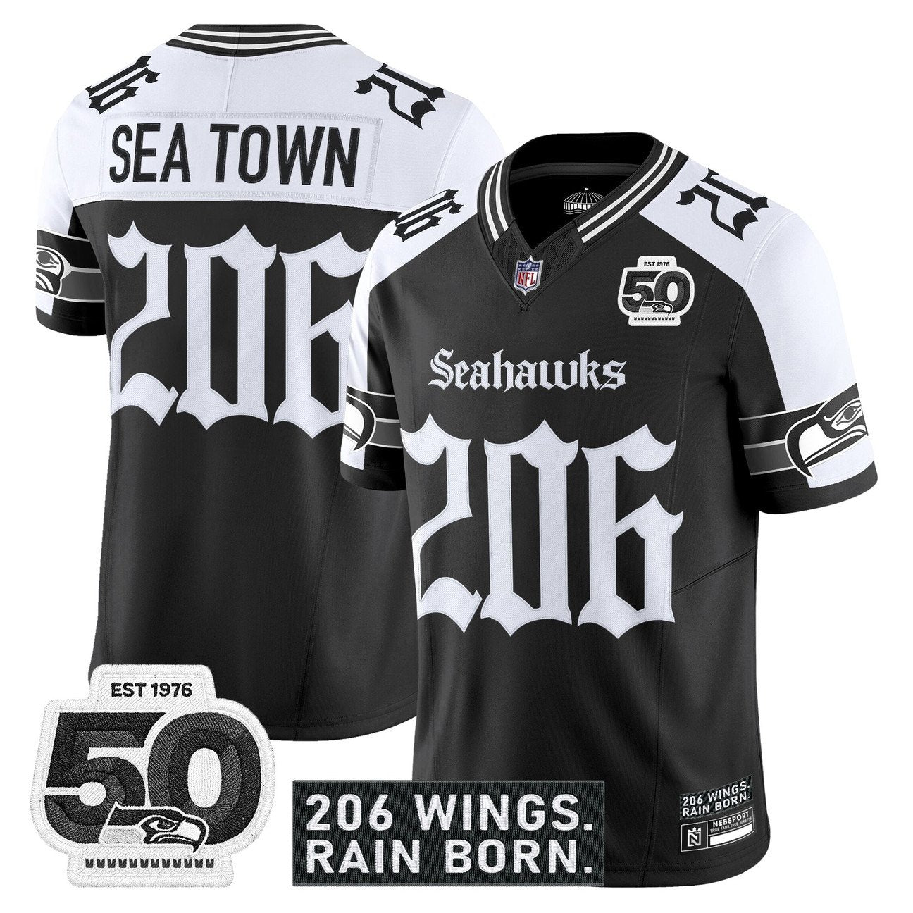 Seattle Seahawks 'Gothic Rain City Shadows Edition' Vapor Jersey - 50th Anniversary Patch - All Stitched