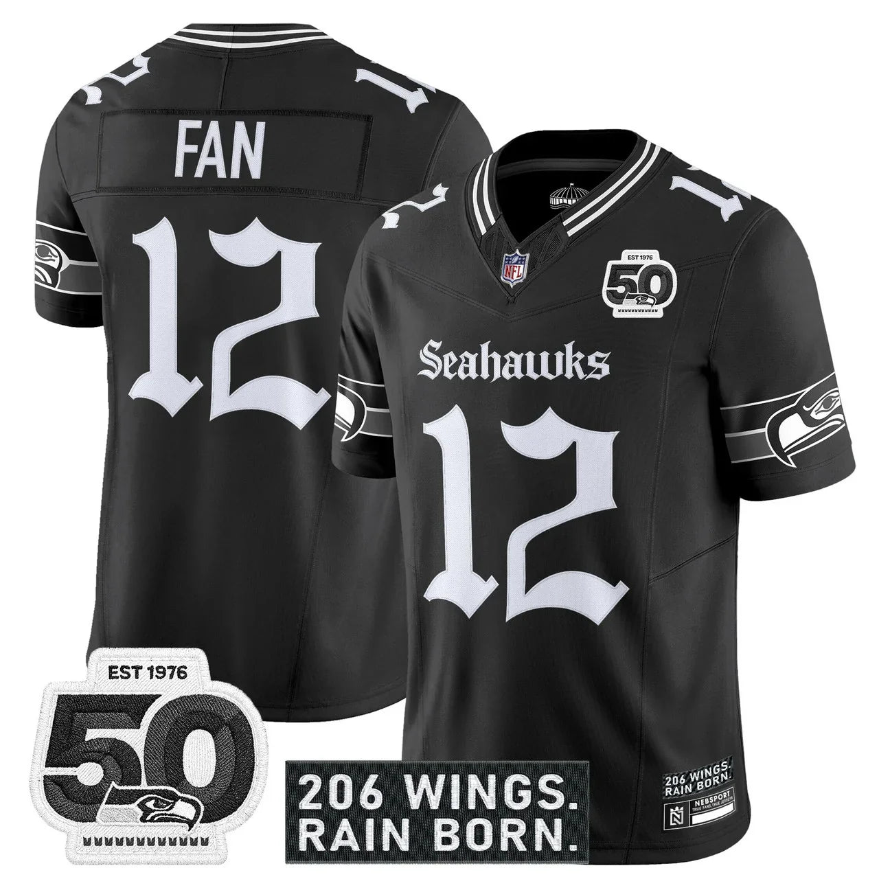 Seattle Seahawks 'Gothic Rain City Shadows Edition' Vapor Jersey - 50th Anniversary Patch - All Stitched