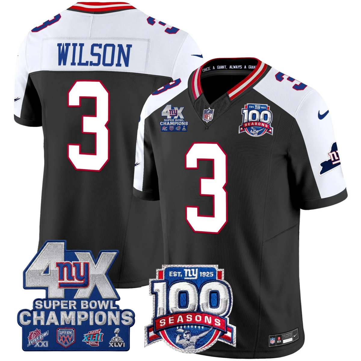 NYG 4X Champions & 100th Season Patch Vapor Limited Jersey - Stitched