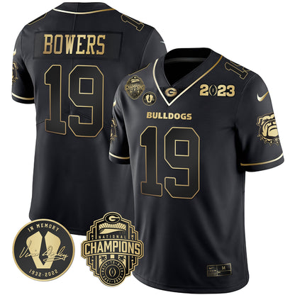Men's Georgia Bulldogs 2023 Champions & Vince Dooley Patch Gold Jersey - All Stitched
