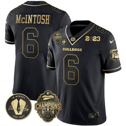 Men's Georgia Bulldogs 2023 Champions & Vince Dooley Patch Gold Jersey - All Stitched