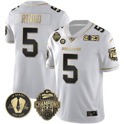 Men's Georgia Bulldogs 2023 Champions & Vince Dooley Patch Gold Jersey - All Stitched
