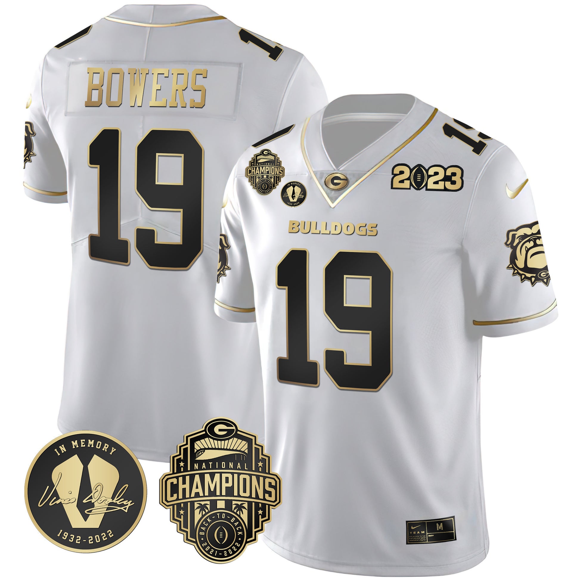 Men's Georgia Bulldogs 2023 Champions & Vince Dooley Patch Gold Jersey - All Stitched