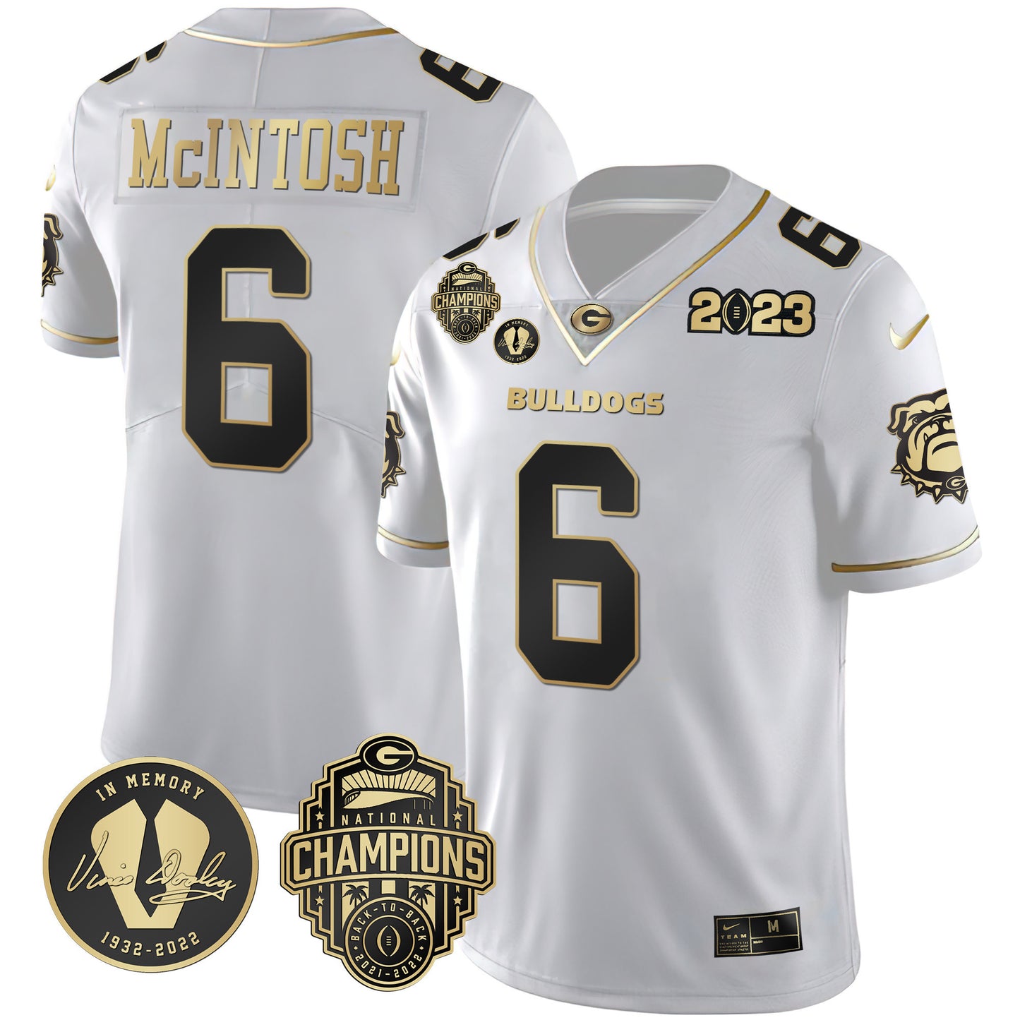 Men's Georgia Bulldogs 2023 Champions & Vince Dooley Patch Gold Jersey - All Stitched