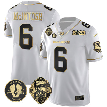 Men's Georgia Bulldogs 2023 Champions & Vince Dooley Patch Gold Jersey - All Stitched