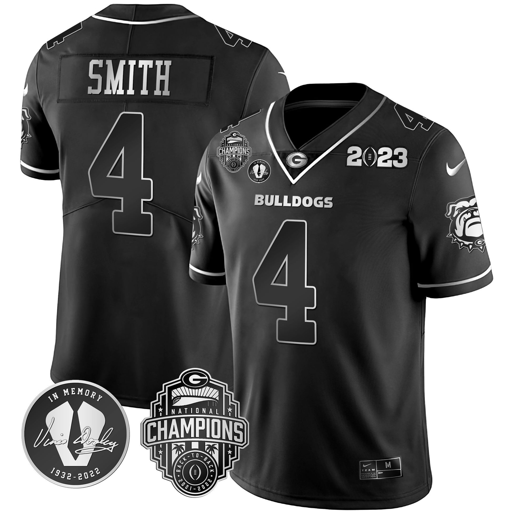 Men's Georgia Bulldogs 2023 Champions & Vince Dooley Patch Gold Jersey - All Stitched