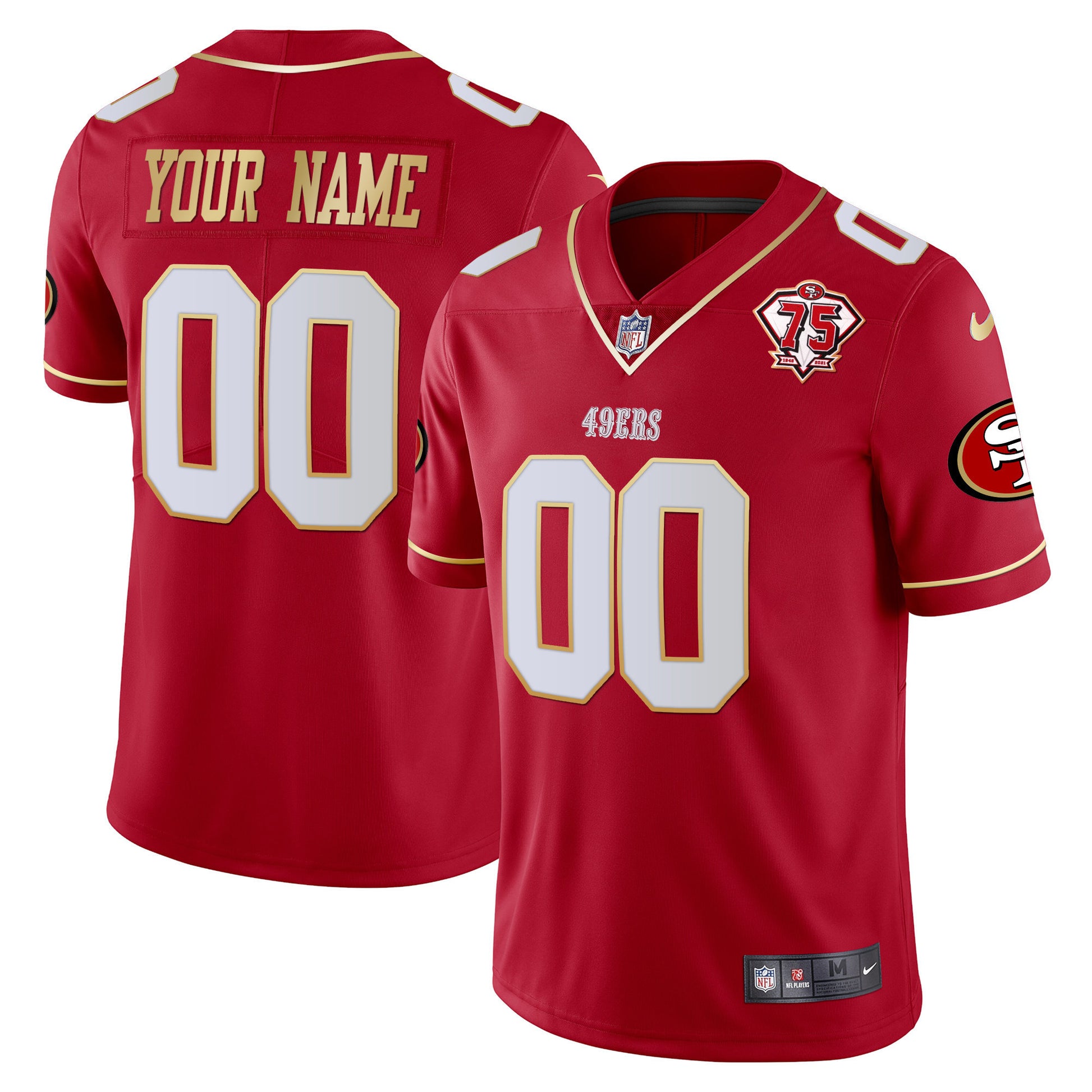 49ers 75th Anniversary Patch Vapor Gold Trim Custom Jersey V2 - All Stitched