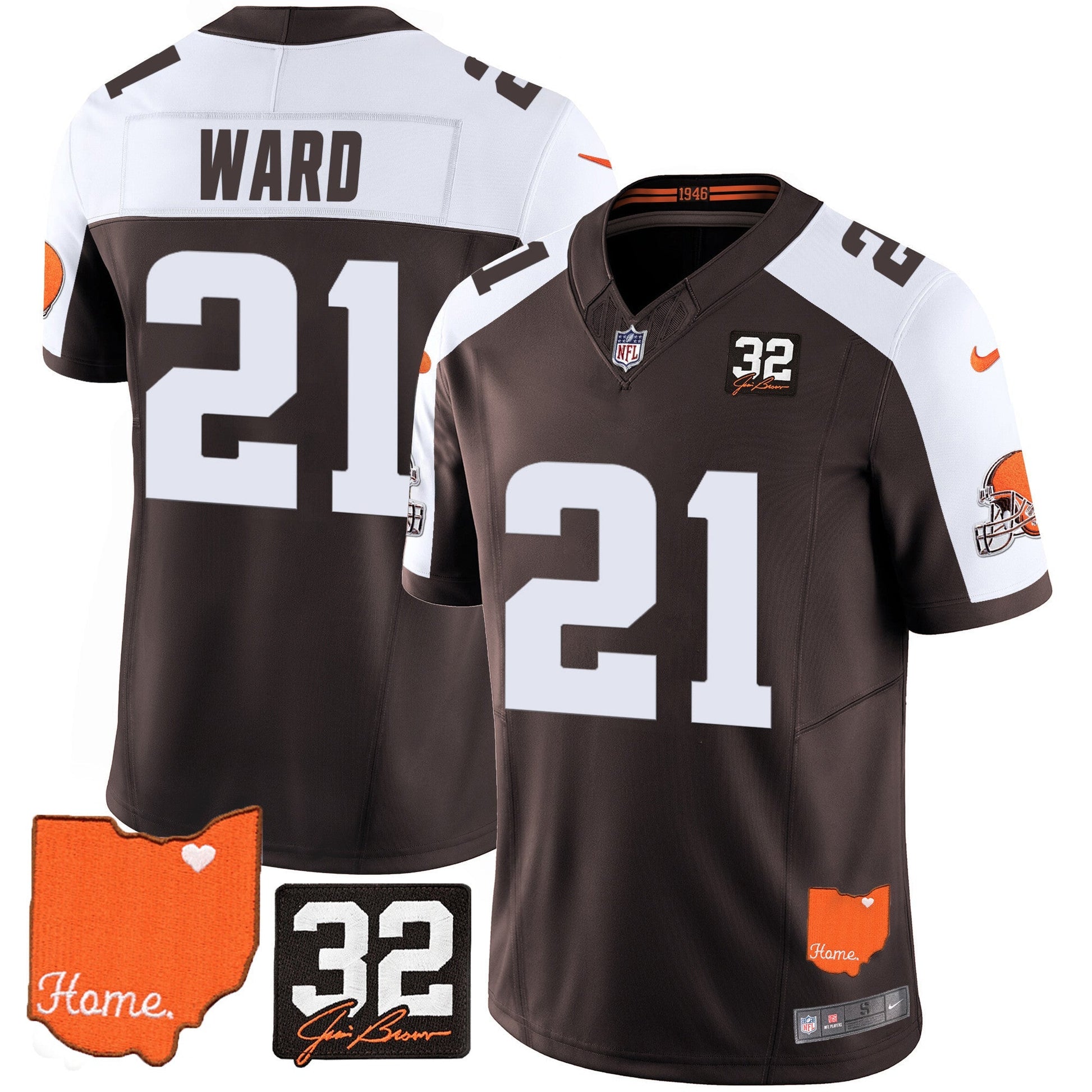 Men's Browns #32 Jim Brown Memorial & Home Patch Vapor Limited Jersey - All Stitched