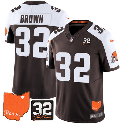 Men's Browns #32 Jim Brown Memorial & Home Patch Vapor Limited Jersey - All Stitched