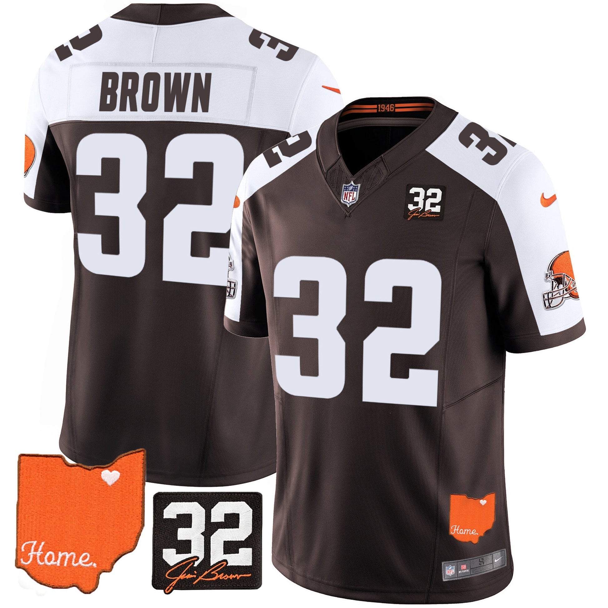 Men's Browns #32 Jim Brown Memorial & Home Patch Vapor Limited Jersey - All Stitched