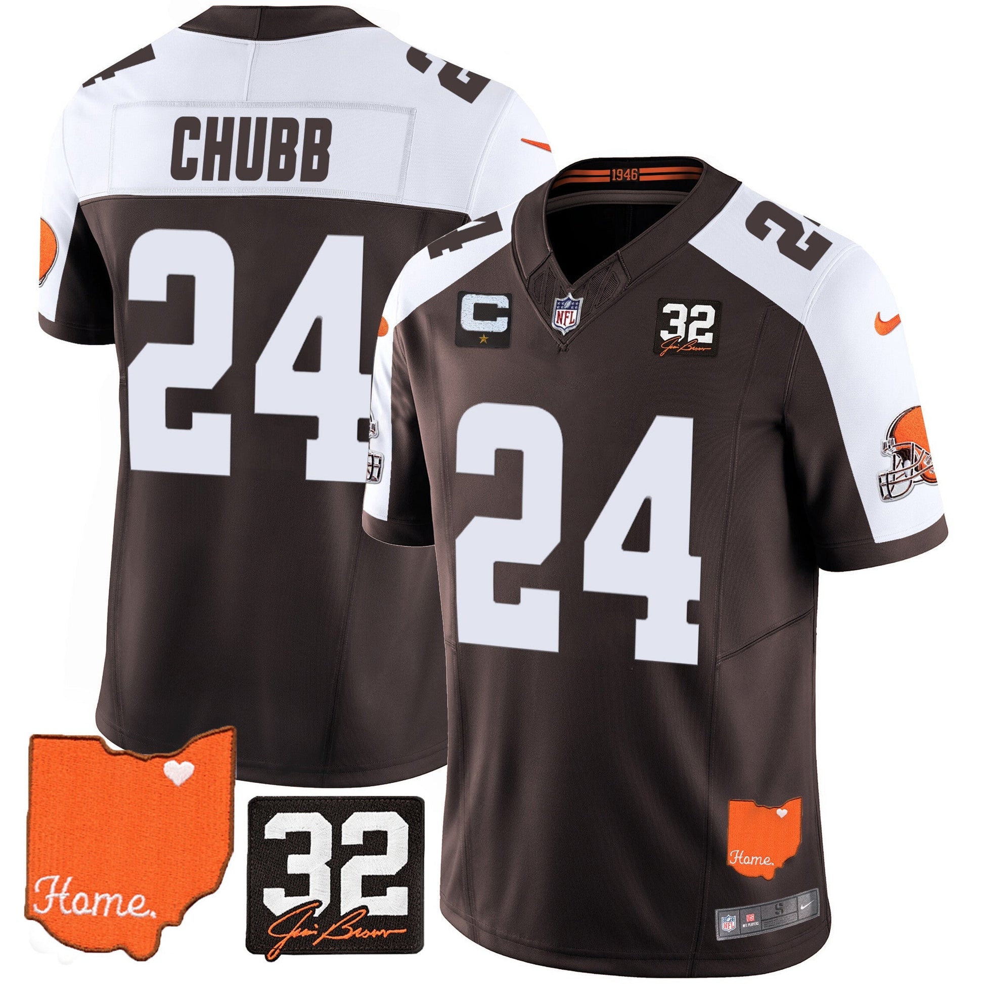 Men's Browns #32 Jim Brown Memorial & Home Patch Vapor Limited Jersey - All Stitched
