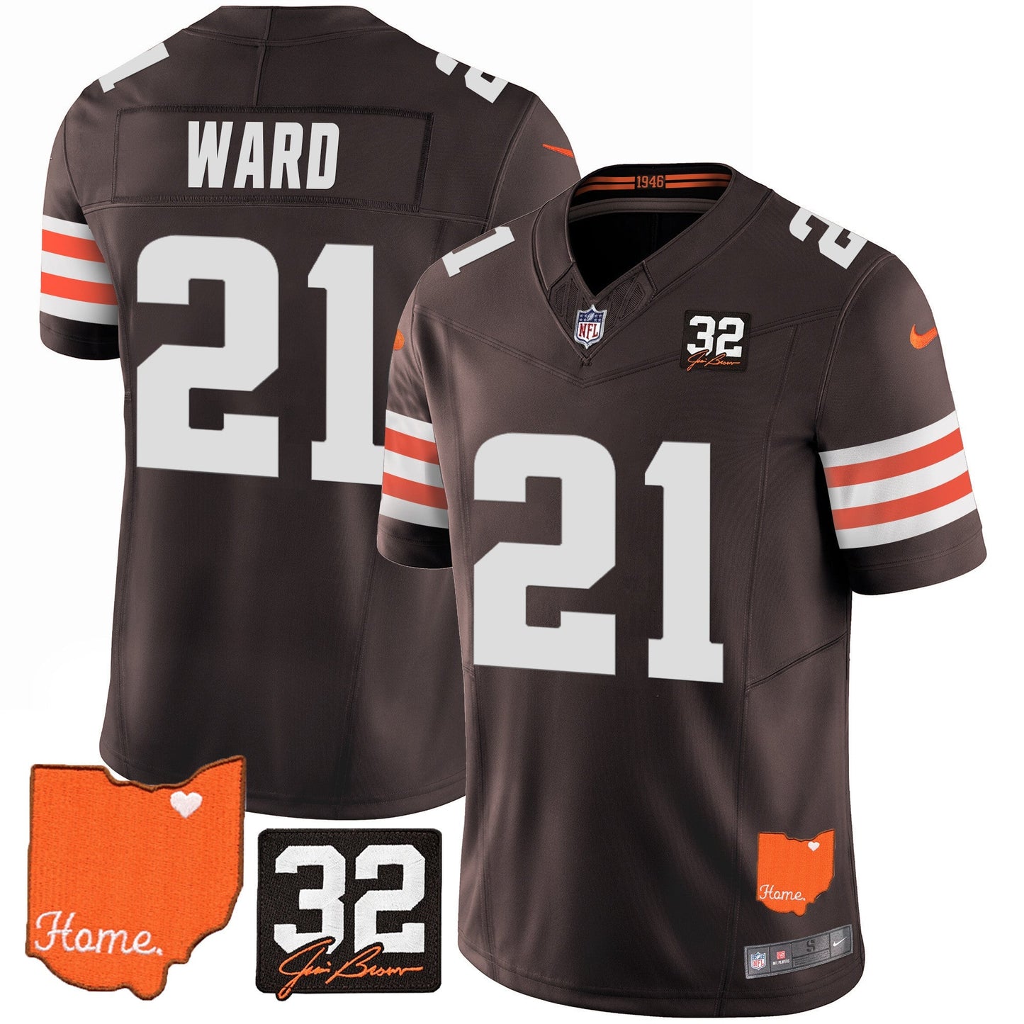 Men's Browns #32 Jim Brown Memorial & Home Patch Vapor Limited Jersey - All Stitched