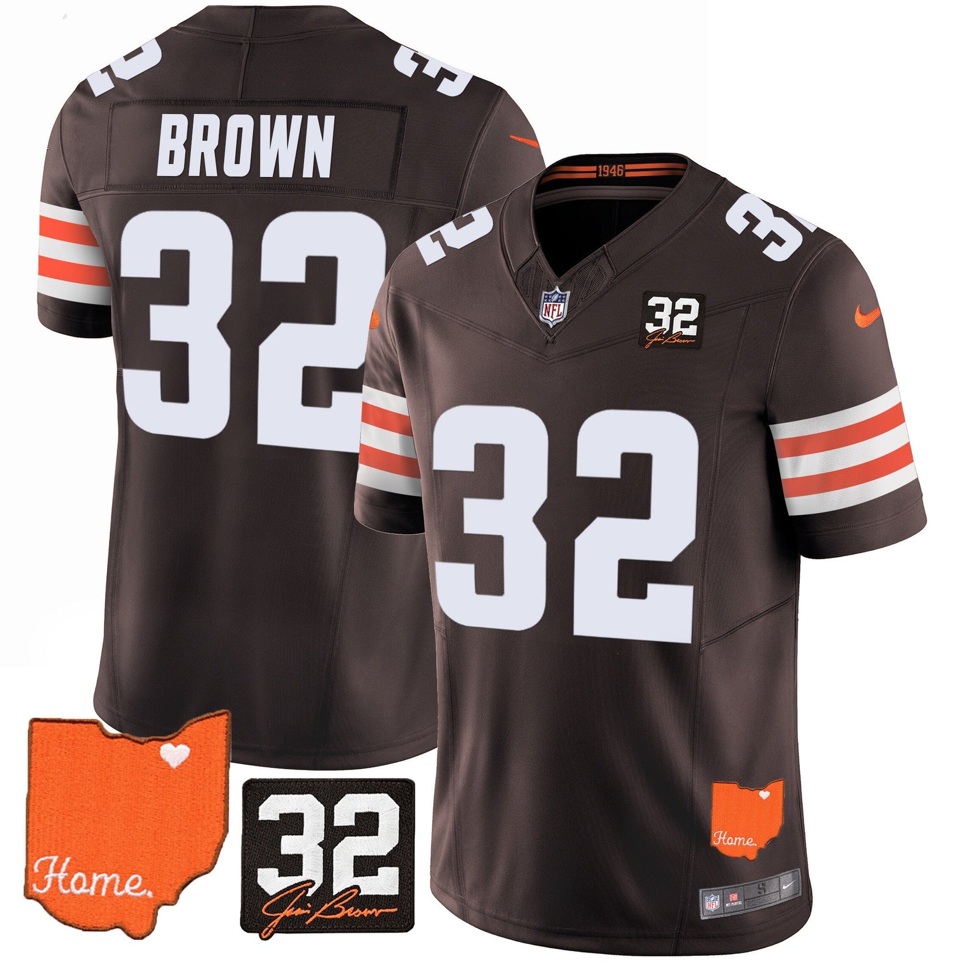 Men's Browns #32 Jim Brown Memorial & Home Patch Vapor Limited Jersey - All Stitched