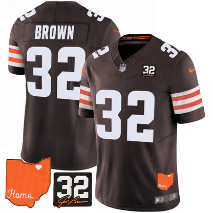 Men's Browns #32 Jim Brown Memorial & Home Patch Vapor Limited Jersey - All Stitched