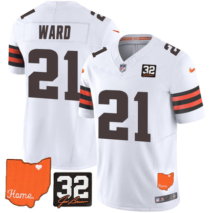 Men's Browns #32 Jim Brown Memorial & Home Patch Vapor Limited Jersey - All Stitched