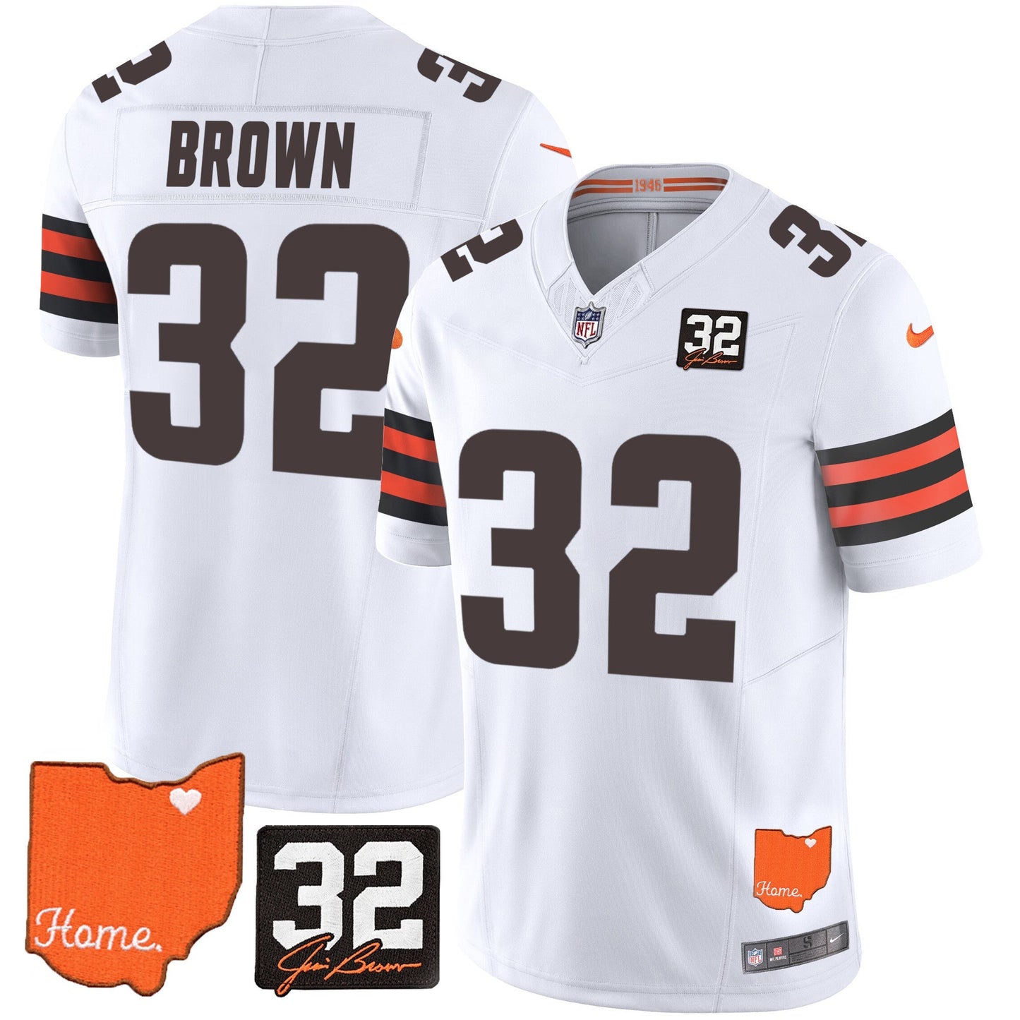 Men's Browns #32 Jim Brown Memorial & Home Patch Vapor Limited Jersey - All Stitched