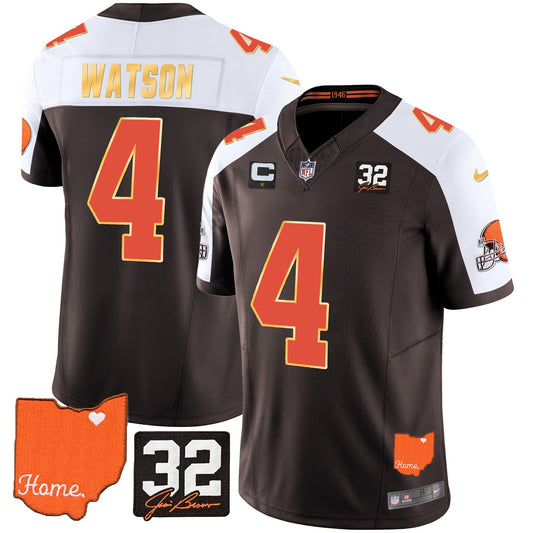 Men's Browns #32 Jim Brown Memorial & Home Patch Gold Trim Jersey - All Stitched