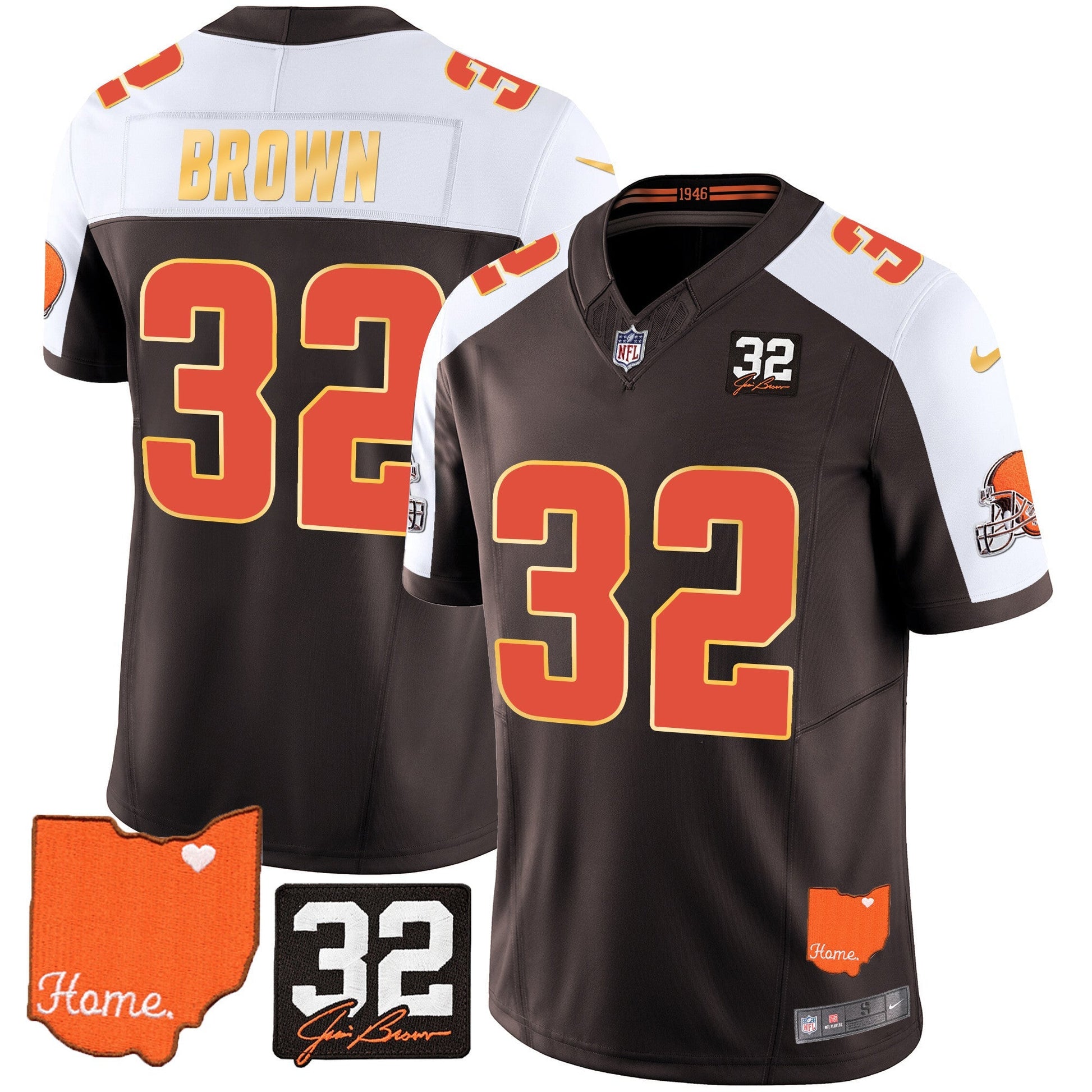 Men's Browns #32 Jim Brown Memorial & Home Patch Gold Trim Jersey - All Stitched