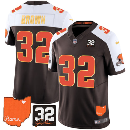 Men's Browns #32 Jim Brown Memorial & Home Patch Gold Trim Jersey - All Stitched