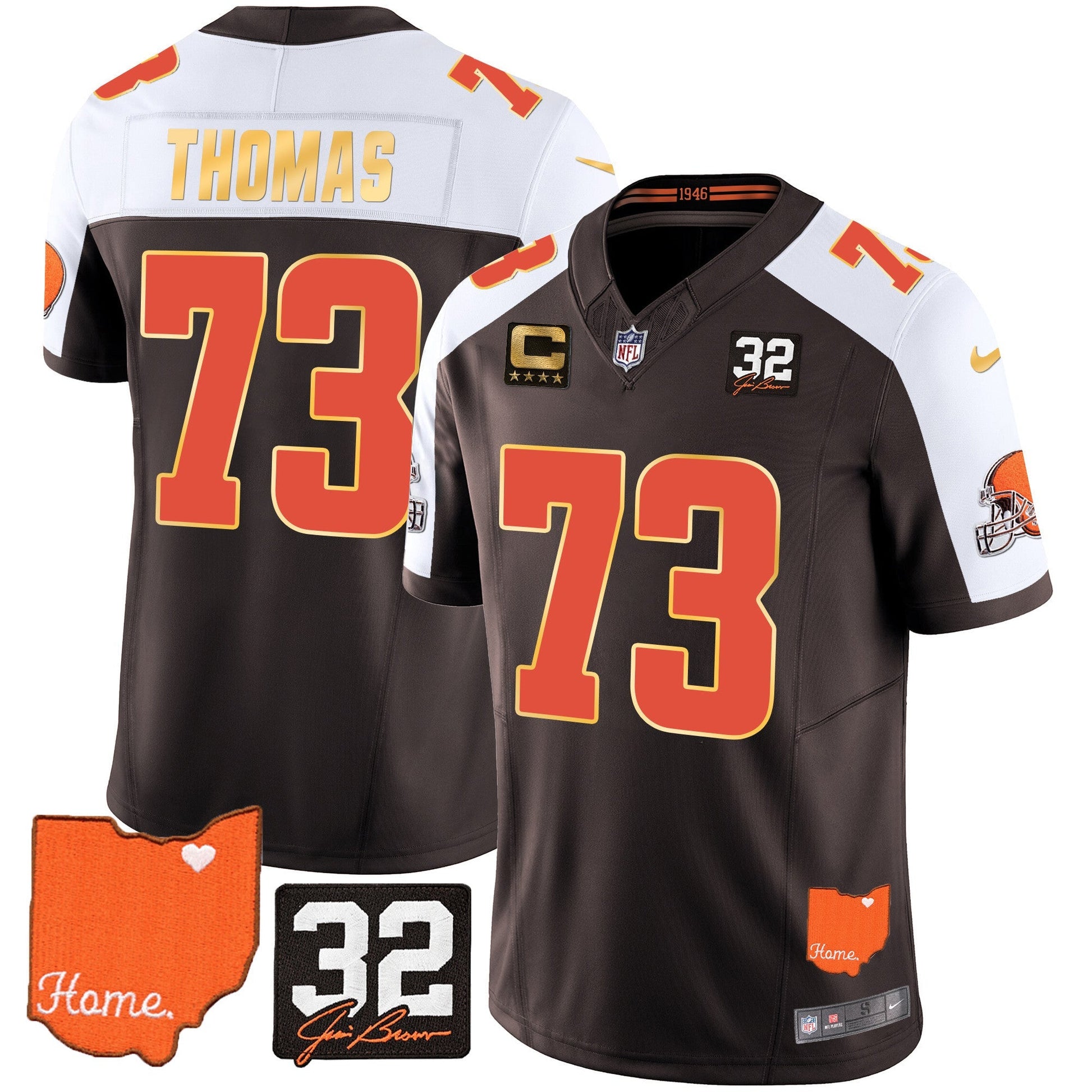 Men's Browns #32 Jim Brown Memorial & Home Patch Gold Trim Jersey - All Stitched