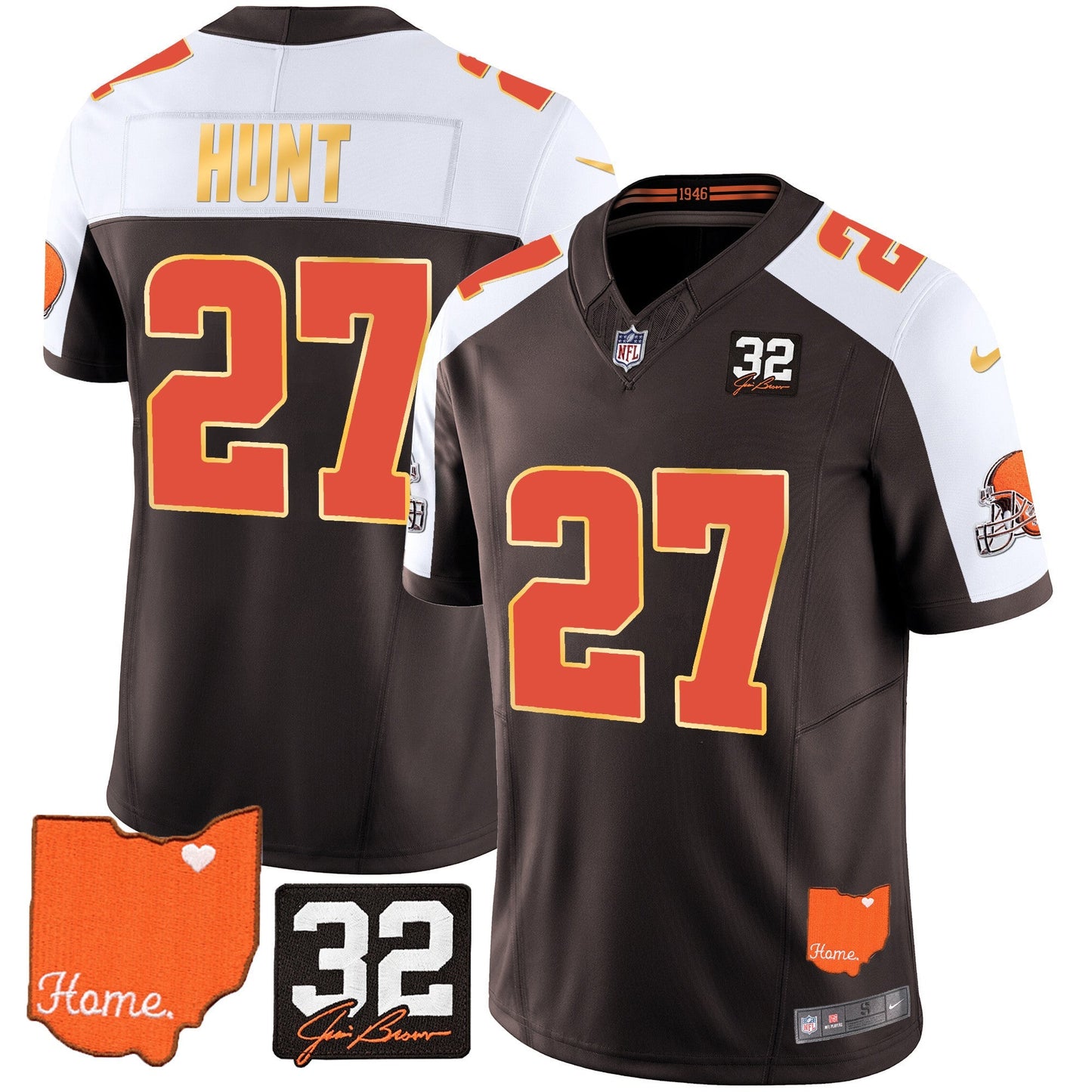 Men's Browns #32 Jim Brown Memorial & Home Patch Gold Trim Jersey - All Stitched