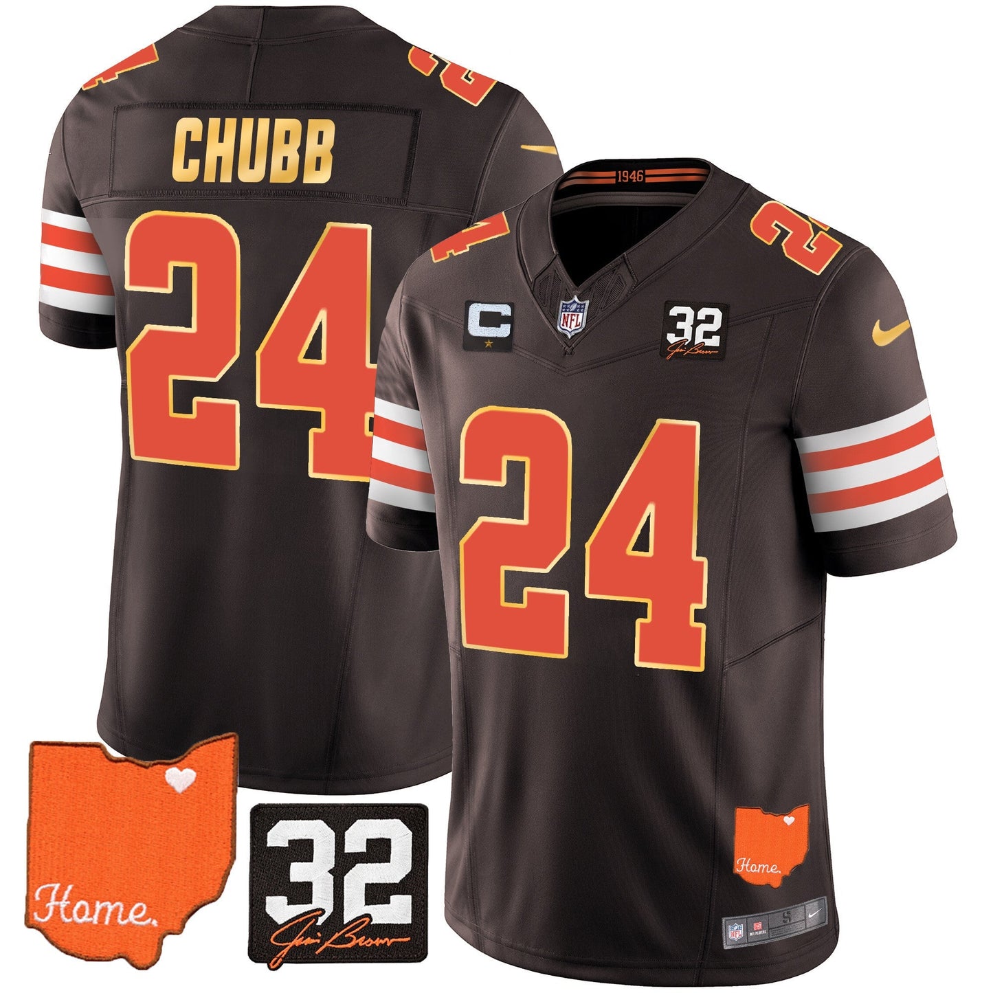 Men's Browns #32 Jim Brown Memorial & Home Patch Gold Trim Jersey - All Stitched