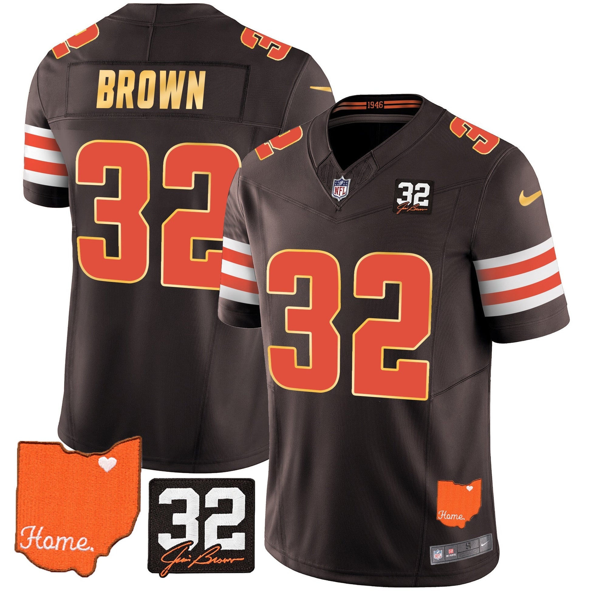 Men's Browns #32 Jim Brown Memorial & Home Patch Gold Trim Jersey - All Stitched