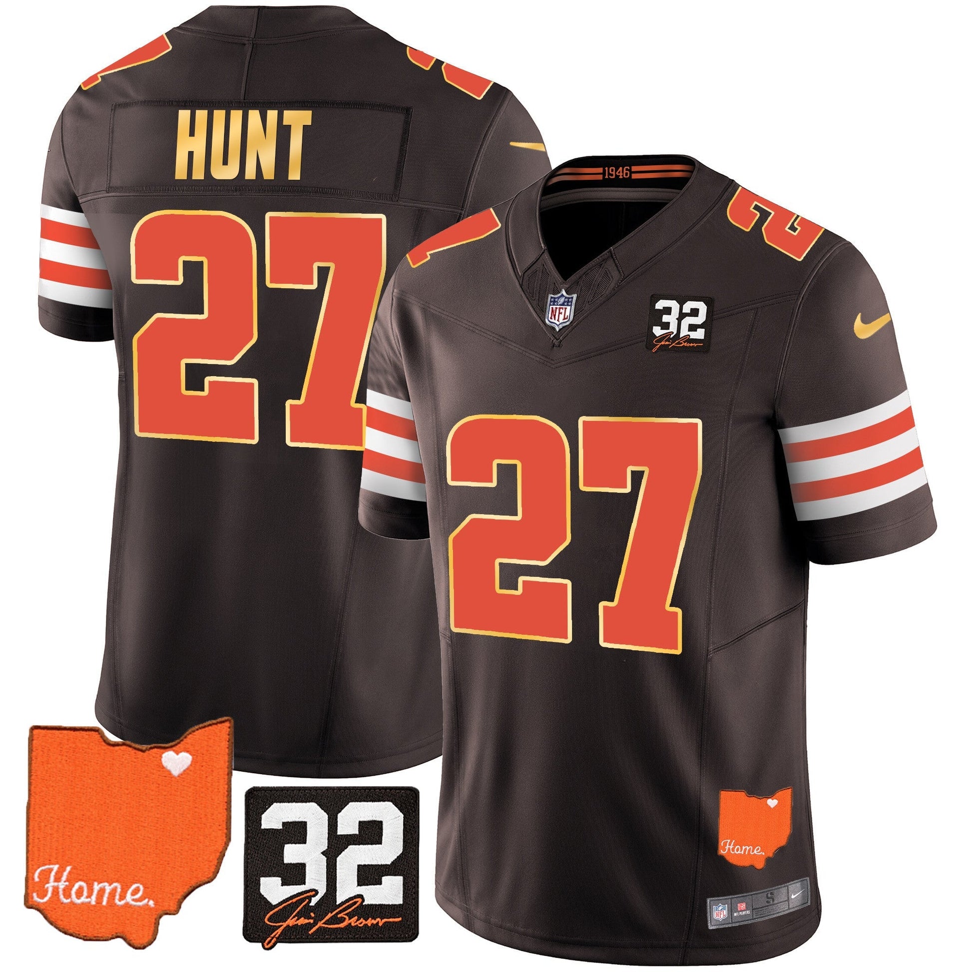 Men's Browns #32 Jim Brown Memorial & Home Patch Gold Trim Jersey - All Stitched