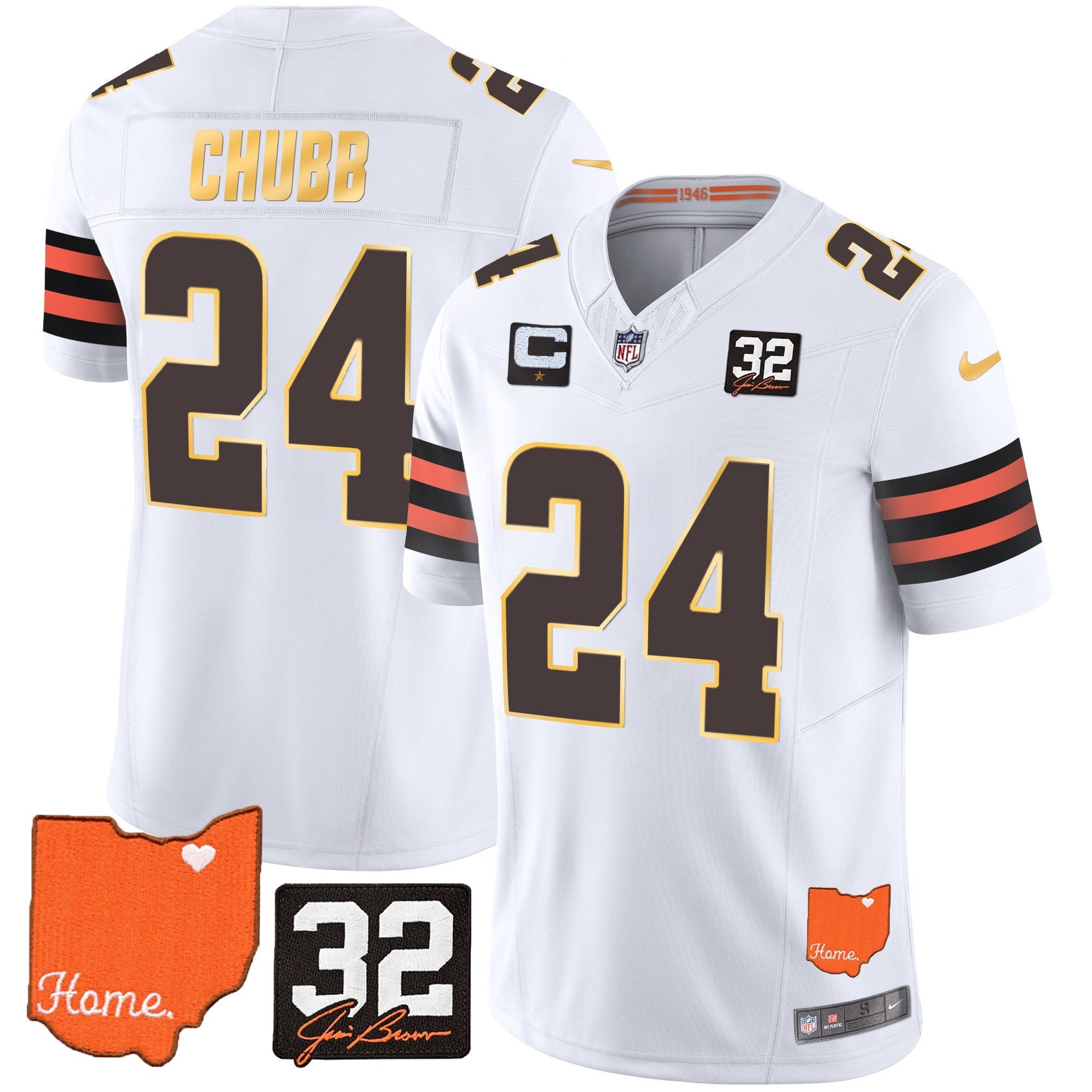 Men's Browns #32 Jim Brown Memorial & Home Patch Gold Trim Jersey - All Stitched
