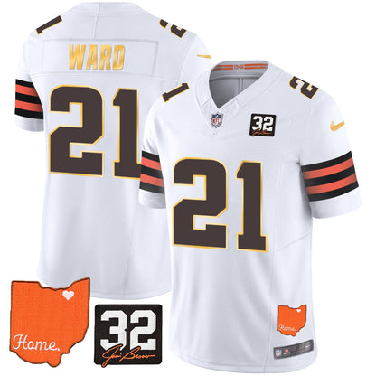 Men's Browns #32 Jim Brown Memorial & Home Patch Gold Trim Jersey - All Stitched
