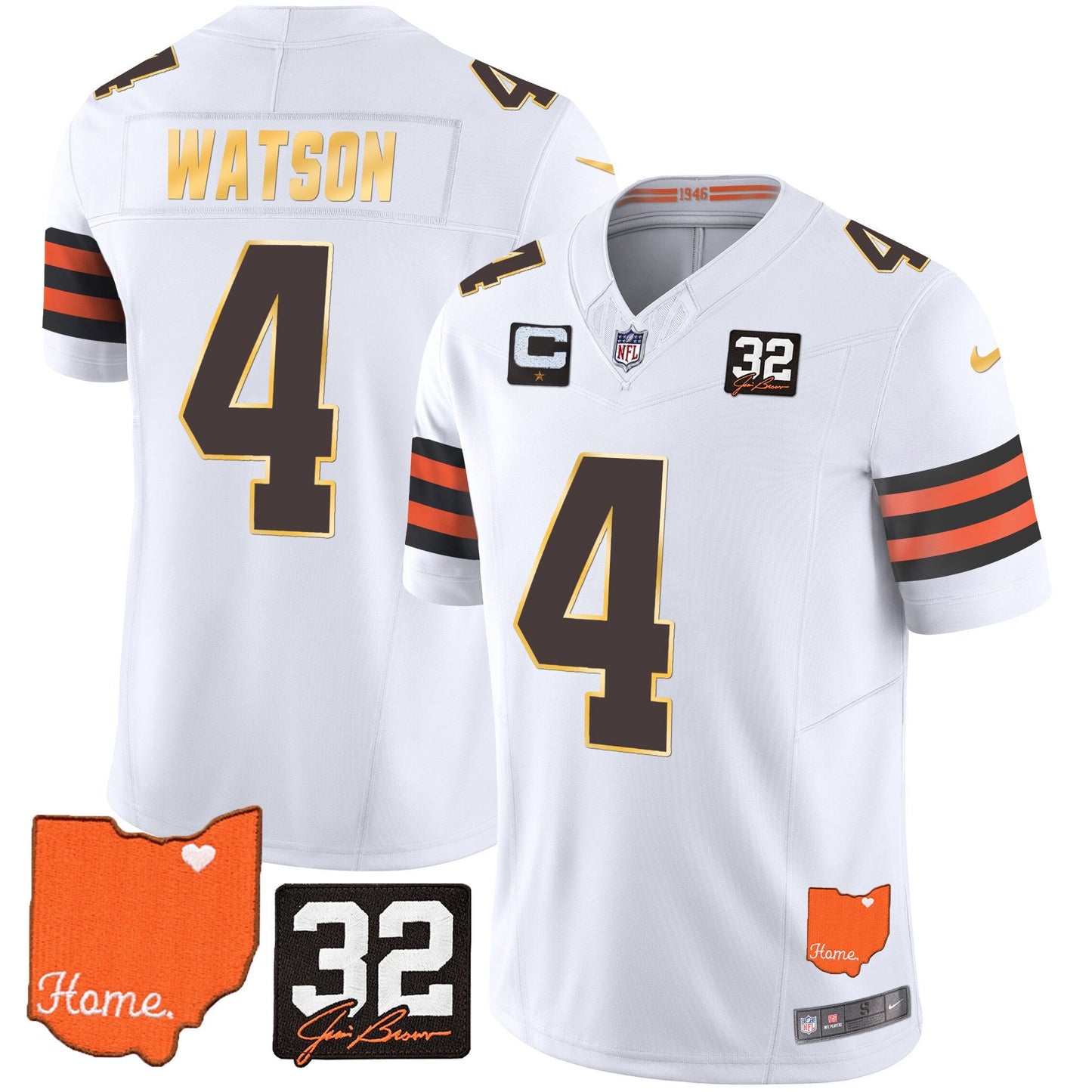 Men's Browns #32 Jim Brown Memorial & Home Patch Gold Trim Jersey - All Stitched