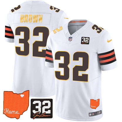 Men's Browns #32 Jim Brown Memorial & Home Patch Gold Trim Jersey - All Stitched
