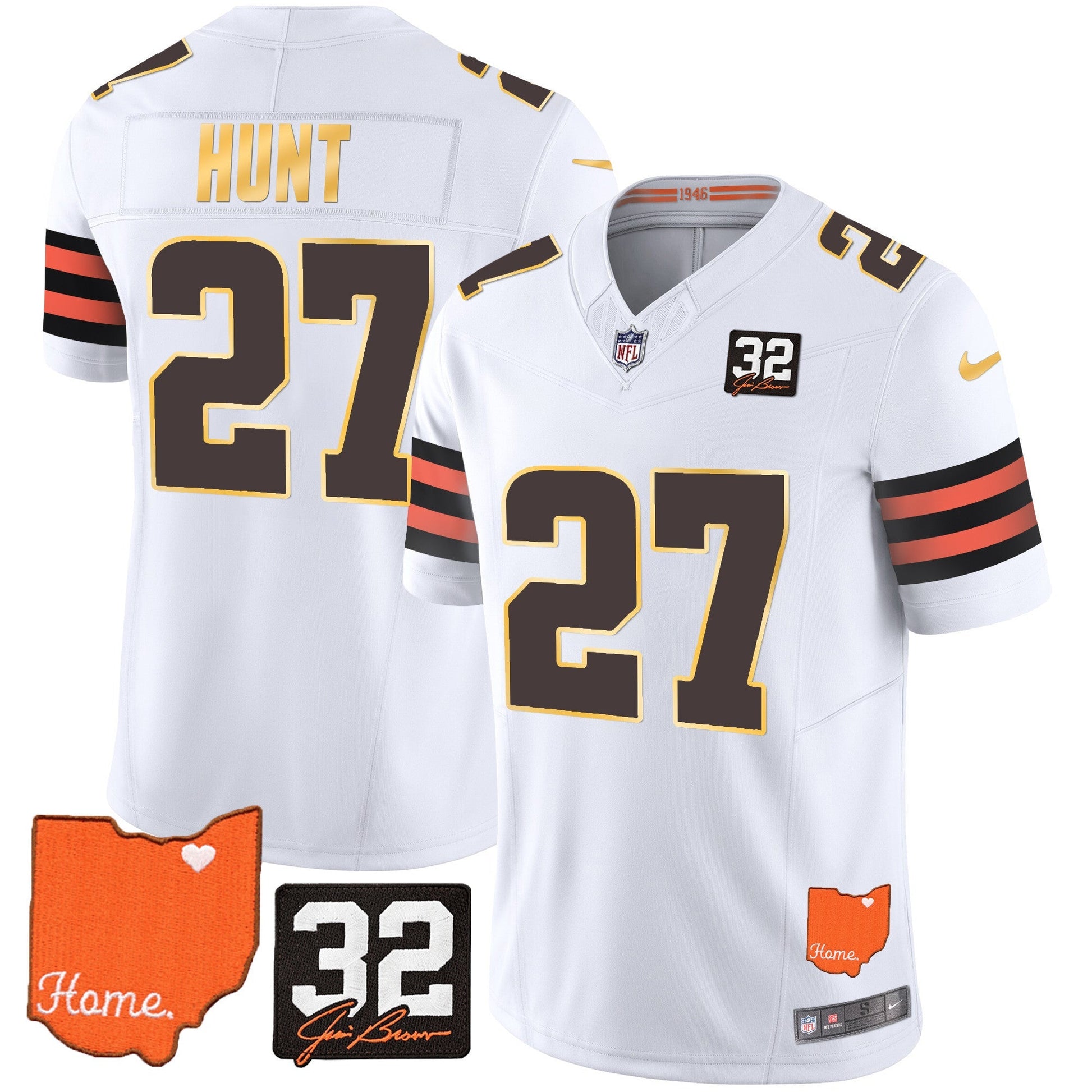Men's Browns #32 Jim Brown Memorial & Home Patch Gold Trim Jersey - All Stitched