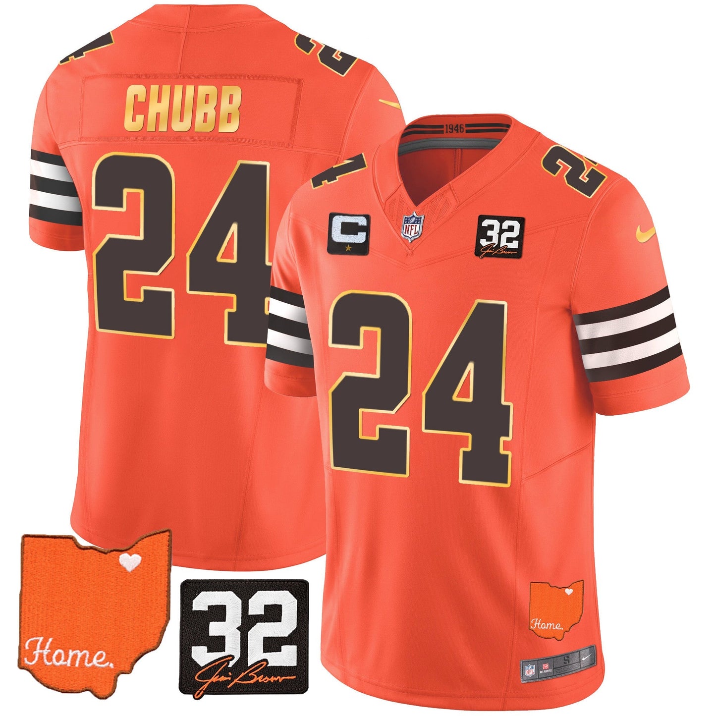 Men's Browns #32 Jim Brown Memorial & Home Patch Gold Trim Jersey - All Stitched