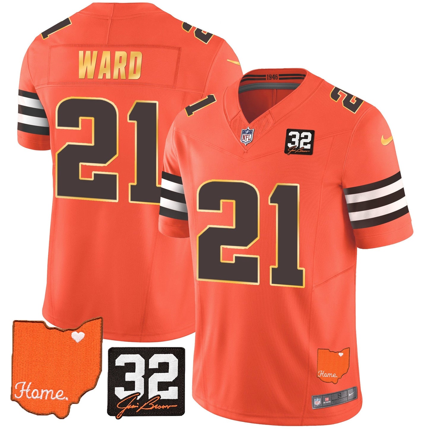 Men's Browns #32 Jim Brown Memorial & Home Patch Gold Trim Jersey - All Stitched
