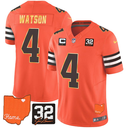 Men's Browns #32 Jim Brown Memorial & Home Patch Gold Trim Jersey - All Stitched