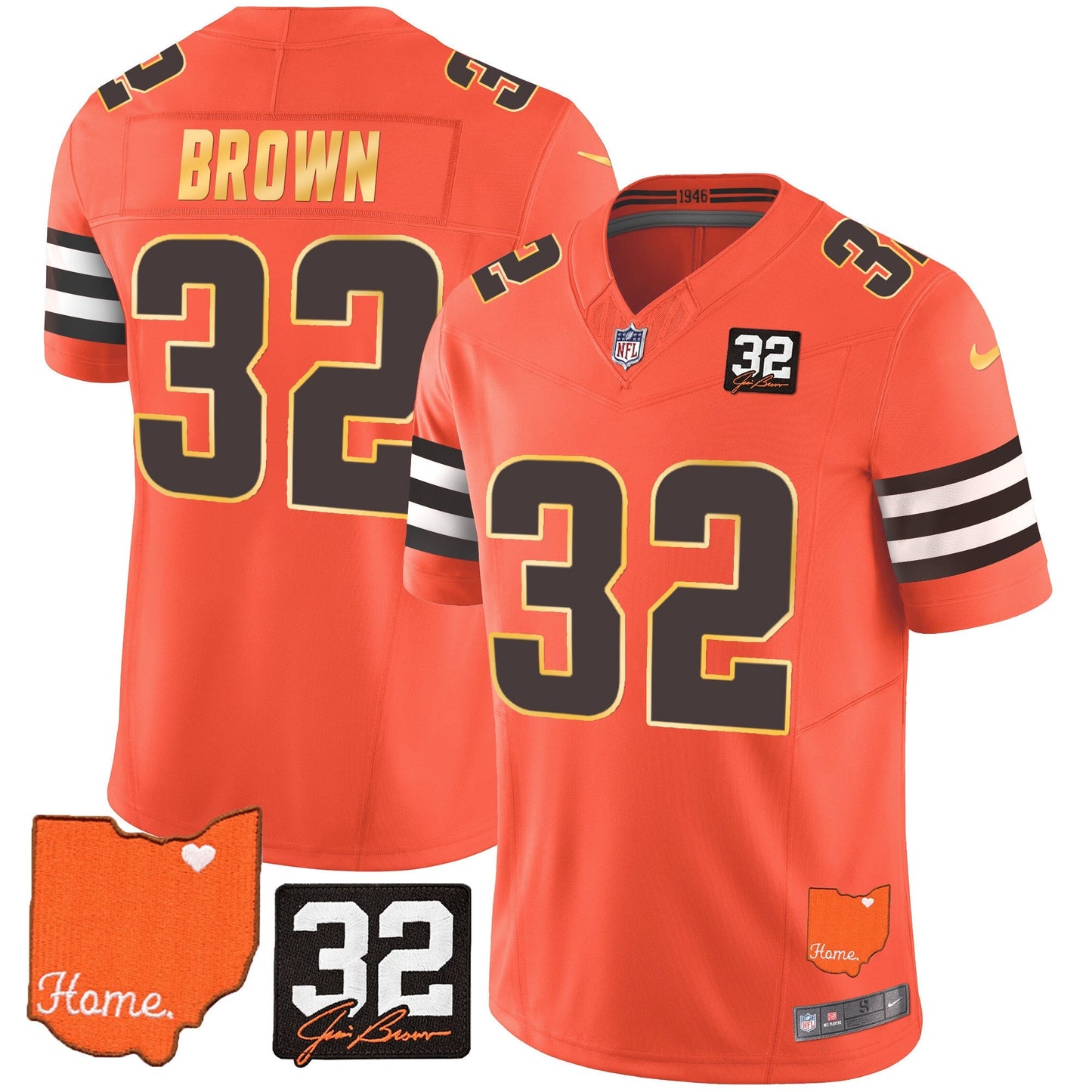 Men's Browns #32 Jim Brown Memorial & Home Patch Gold Trim Jersey - All Stitched