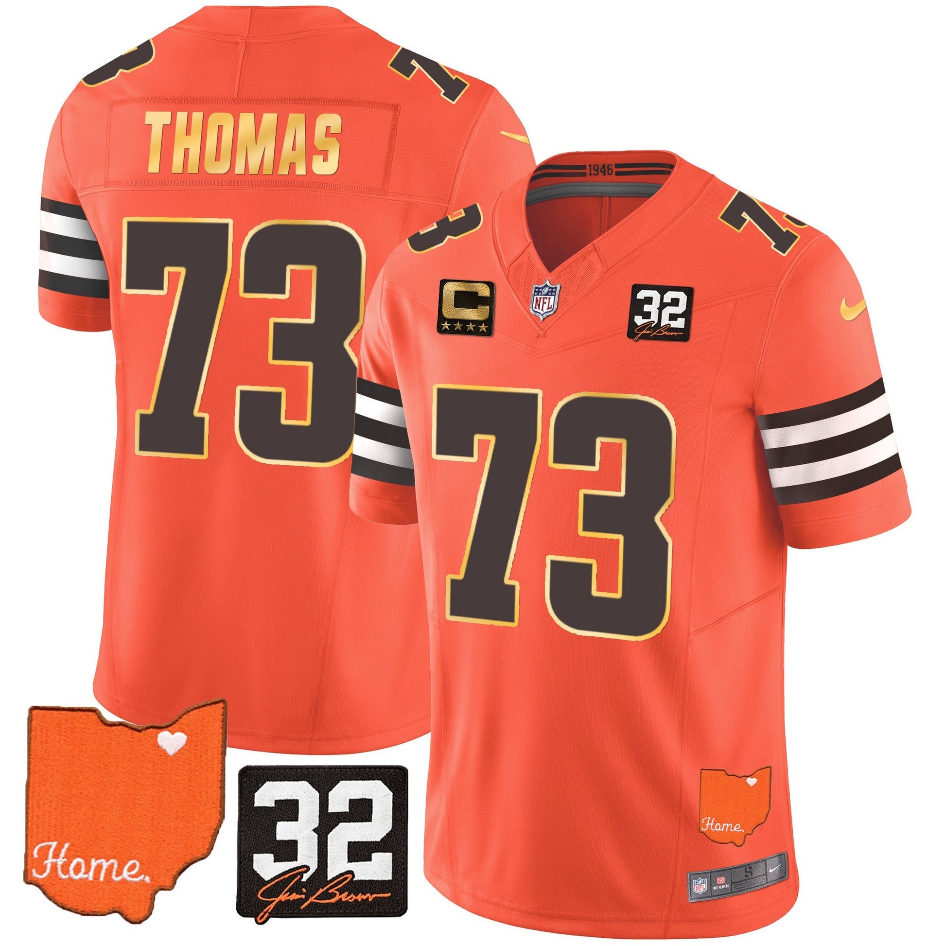 Men's Browns #32 Jim Brown Memorial & Home Patch Gold Trim Jersey - All Stitched