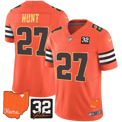 Men's Browns #32 Jim Brown Memorial & Home Patch Gold Trim Jersey - All Stitched
