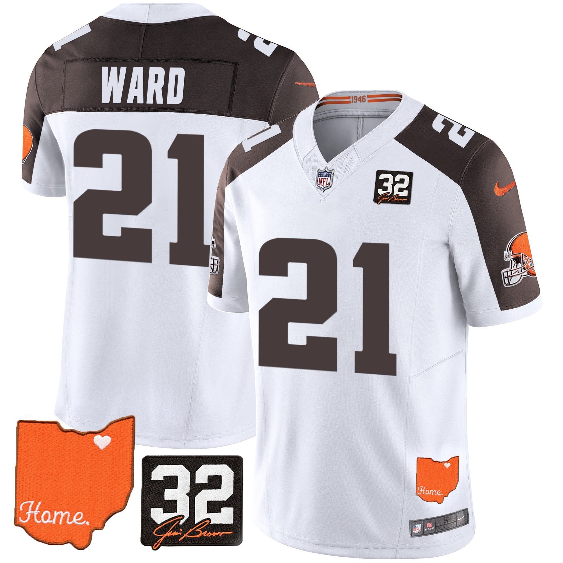 Men's Browns #32 Jim Brown Memorial & Home Patch Vapor Limited Jersey - All Stitched