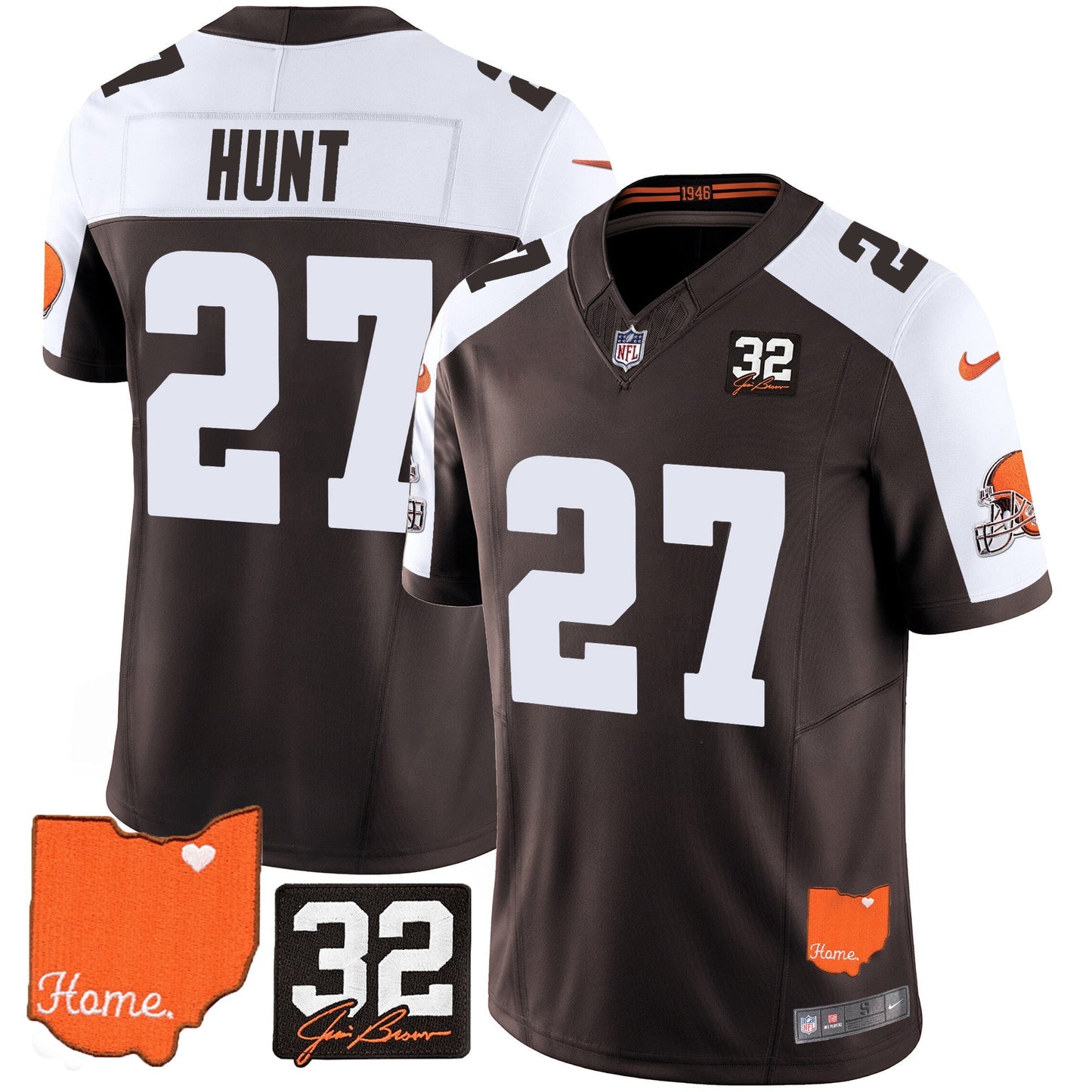 Men's Browns #32 Jim Brown Memorial & Home Patch Vapor Limited Jersey - All Stitched
