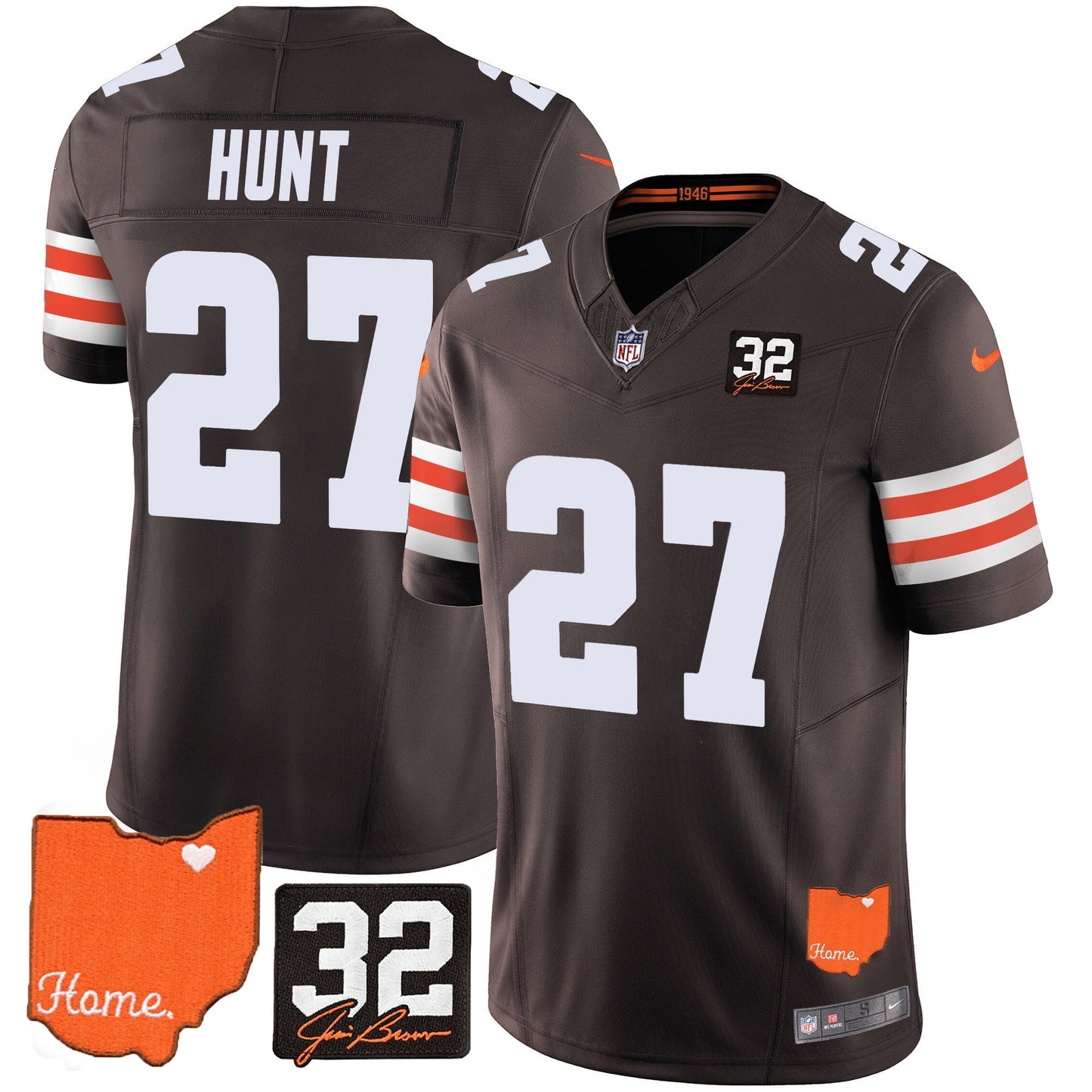 Men's Browns #32 Jim Brown Memorial & Home Patch Vapor Limited Jersey - All Stitched