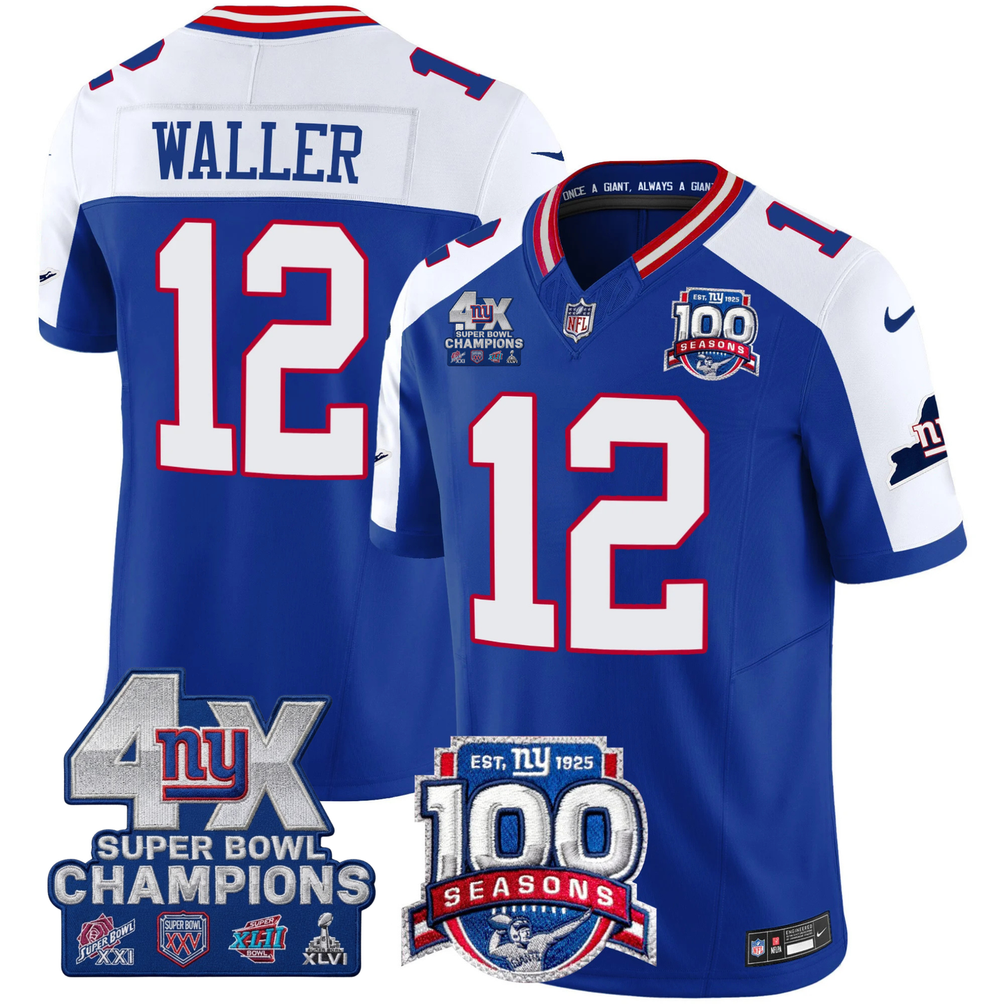 NYG 4X Champions & 100th Season Patch Vapor Limited Jersey - Stitched