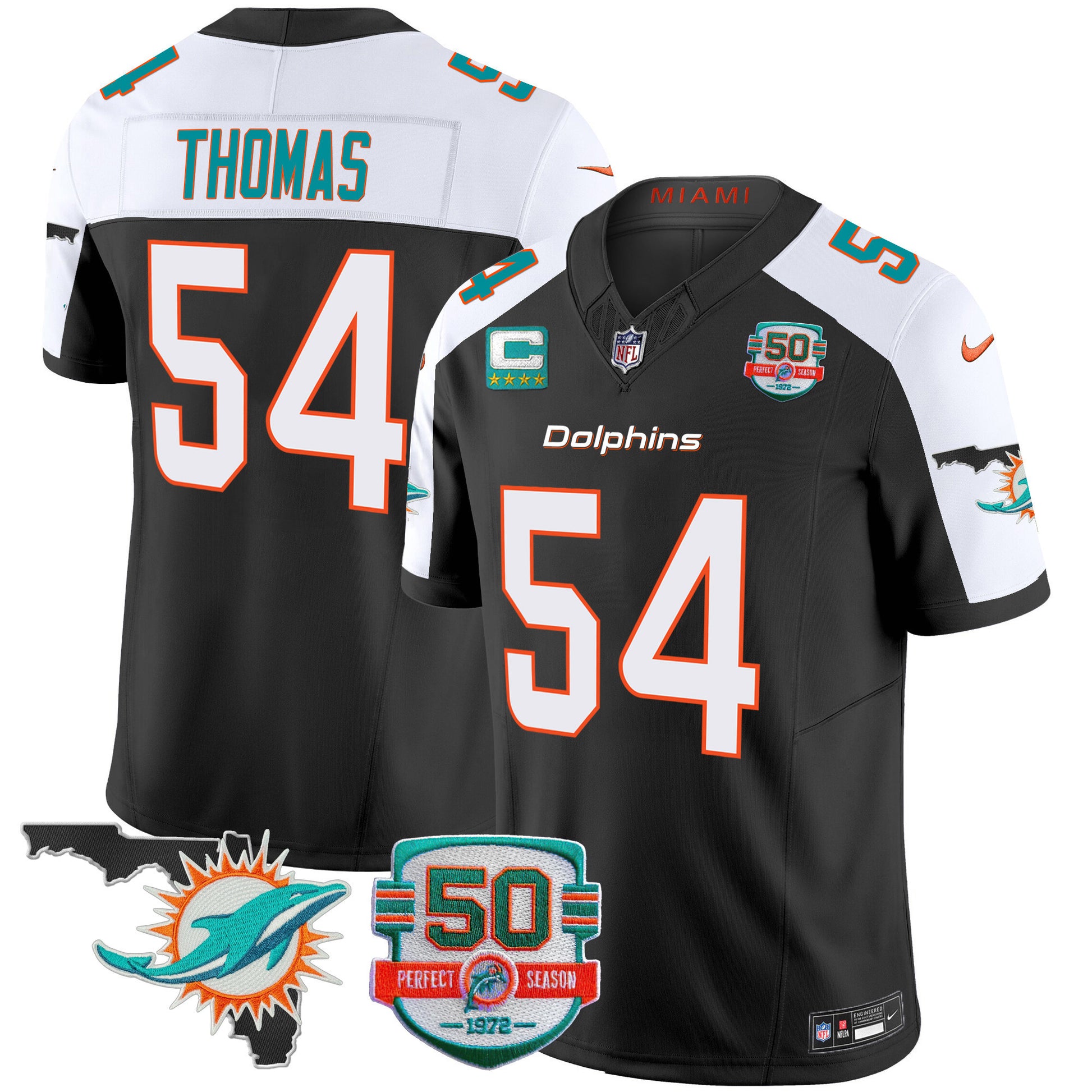Men's Dolphins 50th Perfect Season & Florida Patch Vapor Jersey - All Stitched