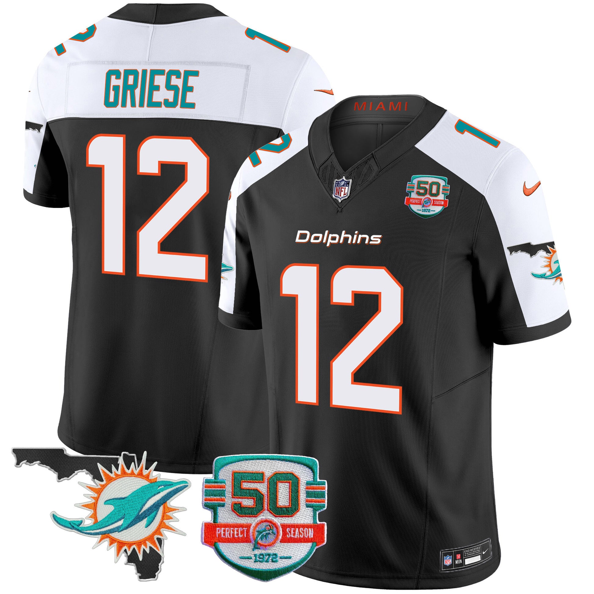Men's Dolphins 50th Perfect Season & Florida Patch Vapor Jersey - All Stitched