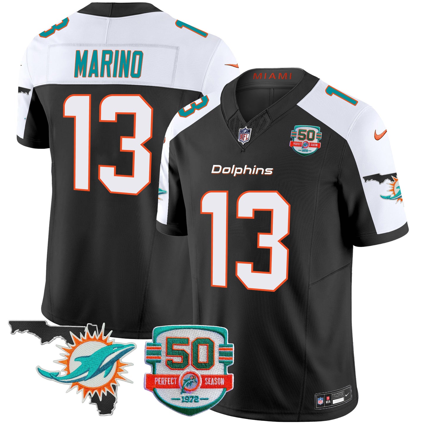 Men's Dolphins 50th Perfect Season & Florida Patch Vapor Jersey - All Stitched
