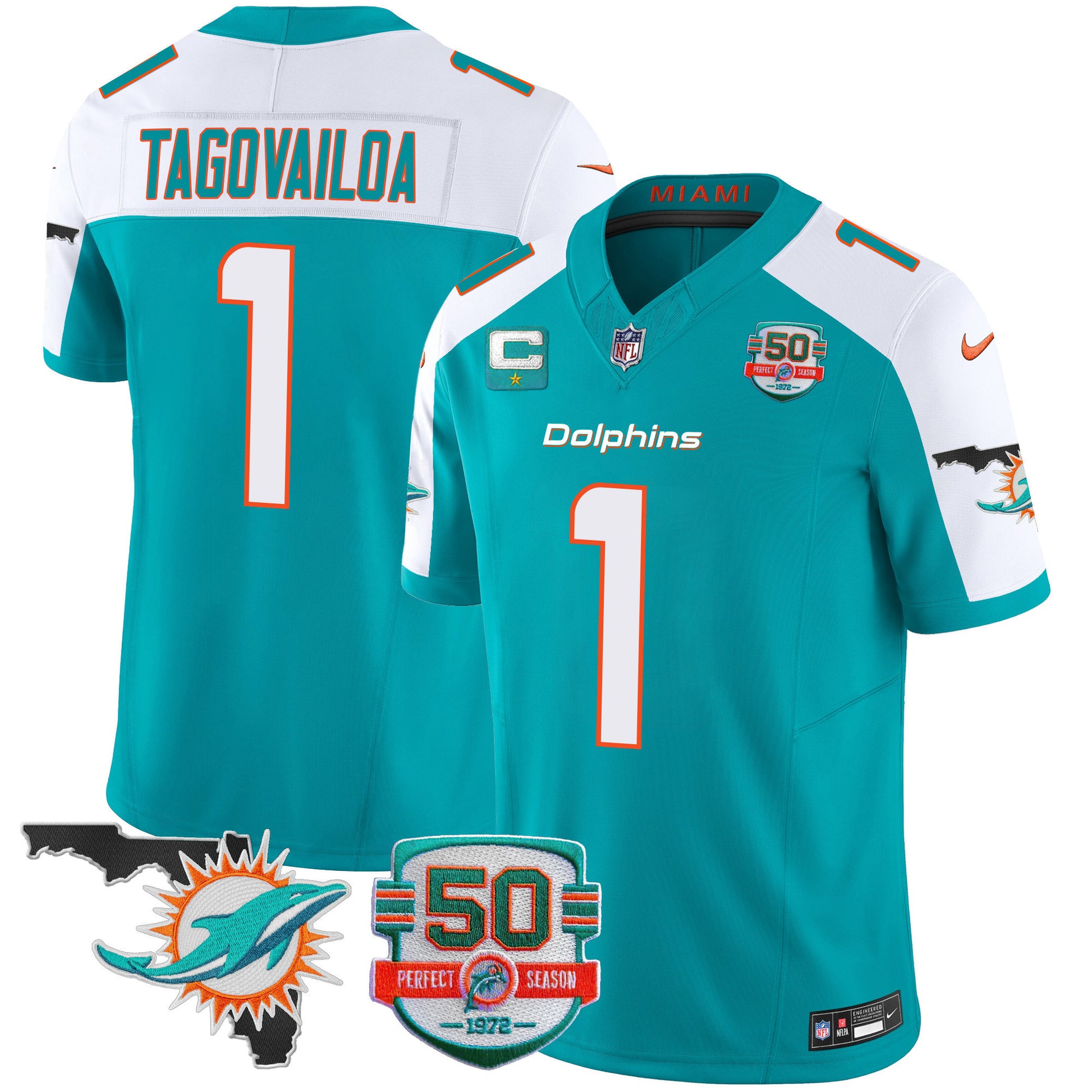 Men's Dolphins 50th Perfect Season & Florida Patch Vapor Jersey - All Stitched